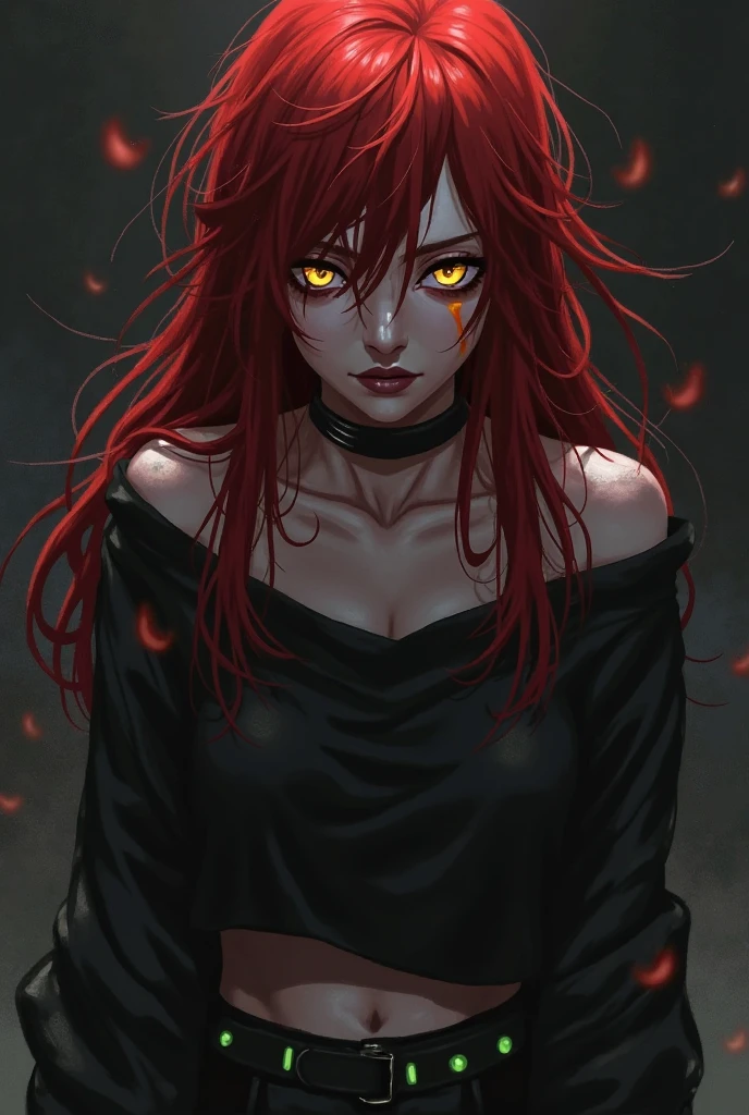 (creepy anime girl with red hair and red eyes in the darkness) (digital art)