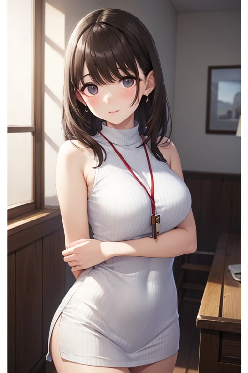 firm and large breasts, Chest, arms of、eye level, softly diffused natural light shines through the large softbox on the left、casts gentle shadows on smooth walls and floors、standing in front of a neutral light gray seamless studio background, background with subtle gradients and creamy bokeh near the edge, fits perfectly、white sleeveless with vertical ribs Wear a mini turtleneck dress and、fine vertical texture and、short hem length that rises above mid-thigh, the high neckline framing her face while the snug fabric contours accentuate a full firm bust with a wide deep Chest subtly visible beneath the rib knit and a slight forward posture to boldly emphasize robust curves and soft shadow contours, around the chest、Royal blue lanyard with white laminated ID badge with printed text and barcode, arm naturally lowered to side、fingertips touch the hem of the skirt, natural warm skin tone with fine microstructure and a dewy sheen on the neck and shoulders, subdued maroon highlights and、gently framing the eyes、styled with long, straight, natural dark brown layers Frayed hair, camera、f, Natural wavy long hair illuminated by the sun, nude pink lip tint, Individually defined lashes, small hem length that captures light Gold stud earrings, shallow depth of field and creamy background blur with 0 aperture、85mm lens f/2.with cropped bangs, the key light on the overhead softbox provides uniform lighting、balanced fill light softens shadows on the face for a shallow depth of field and creamy bokeh、gentle rimlight emphasizes hair edges, リブニット生地のリアルな質感をとらえたhigh resolutionフォトリアルレンダリング, smooth polymer badge, seamless background, micro detail of skin, Balanced cinematic color grading blending cool grey tones with warm skin highlights, no anime or manga style styling, no unnatural hair color, composition centered around a calm, confident gaze
、
,((( masterpiece, Highest Quality, high resolution, 超 high resolution, pixel perfect , description boundary, 4K, RTTX10.0))),
、Anegasaki Nene, shiny brown hair, beautiful brown eyes, smiling face, sparkling pupils, (fine grain), , highly detailed face,, (masterpiece:1.2, best quality), ((only1 girl)), ((cowboyshot:1.5))