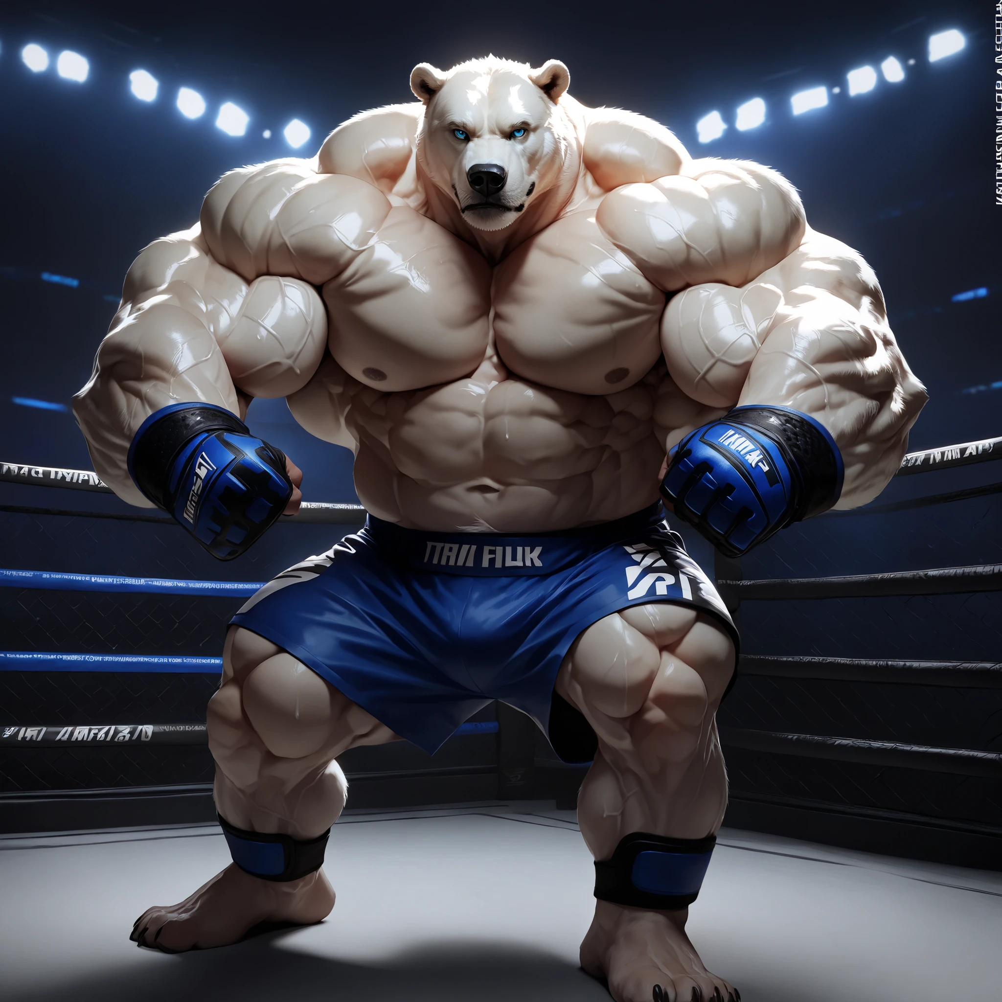 Brock Ólafsson The Huge Muscled Polar Bear, with White Hair, Shirtless, Topless, Black MMA Fingerless Gloves and Black MMA Shorts, heavy detailed, 9K, good anatomy, commission for high res, detailed but rough, semirealistic:1.3