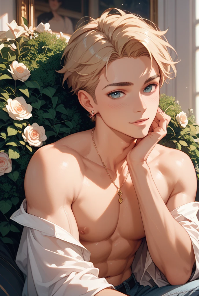 best quality,masterpiece,Ultra high detail,A handsome muscular fractal blond hair flower elf druid prince, Short hair,topless,),(wearing pink wardrobe with jewelry ),realistic, flower garden background, light environment 