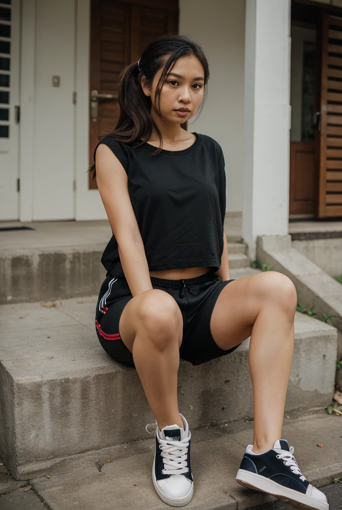 Lady in shirt and sport shorts full body