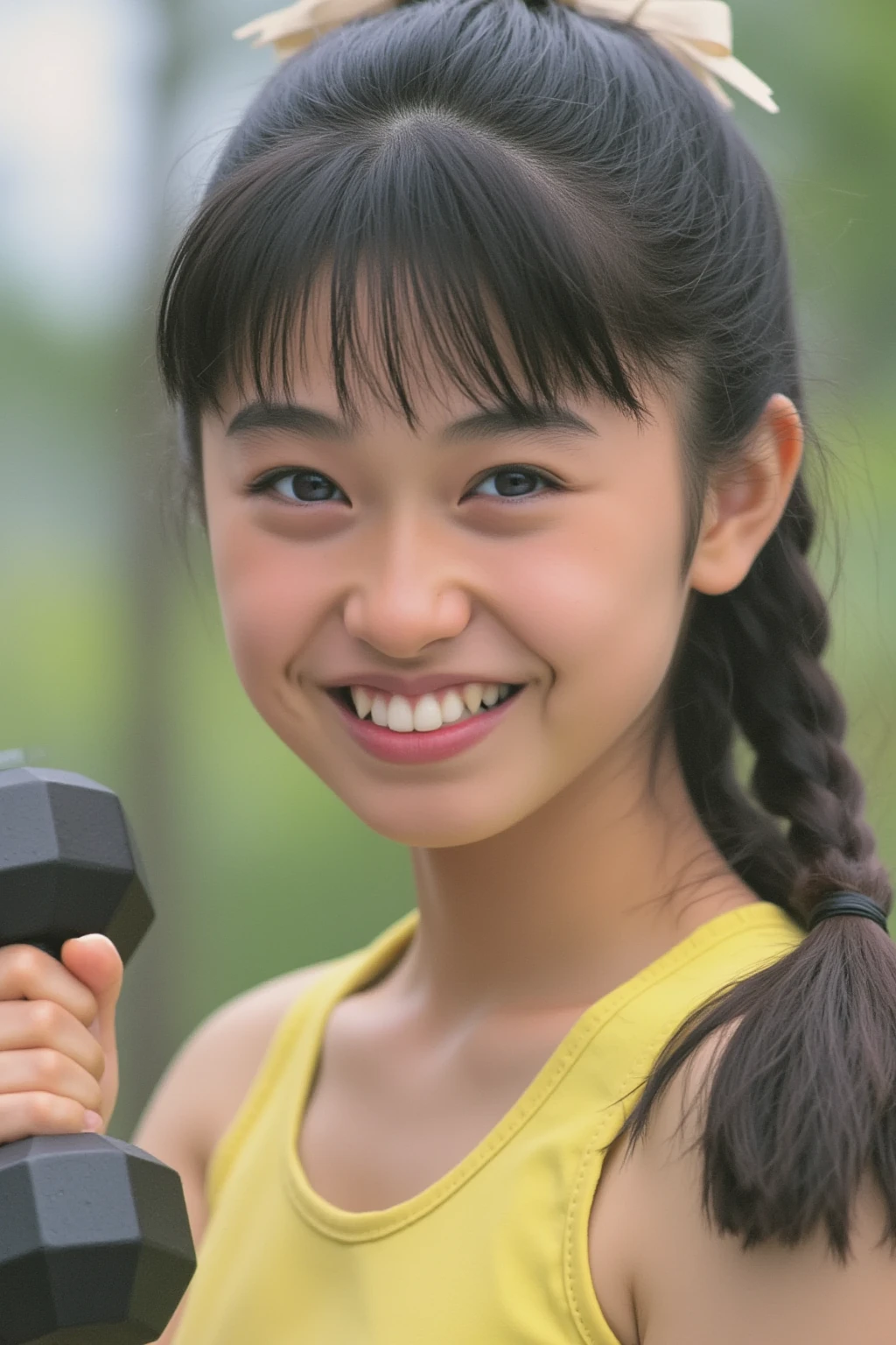 (Beautiful 8 year old Japanese woman), cute face, (deeply carved face:0.7), (freckles:0.6), dramatic lighting, shy, pony tail, (smile), (sparkling eyes), slender, badminton player, sitting, open legs, whole body