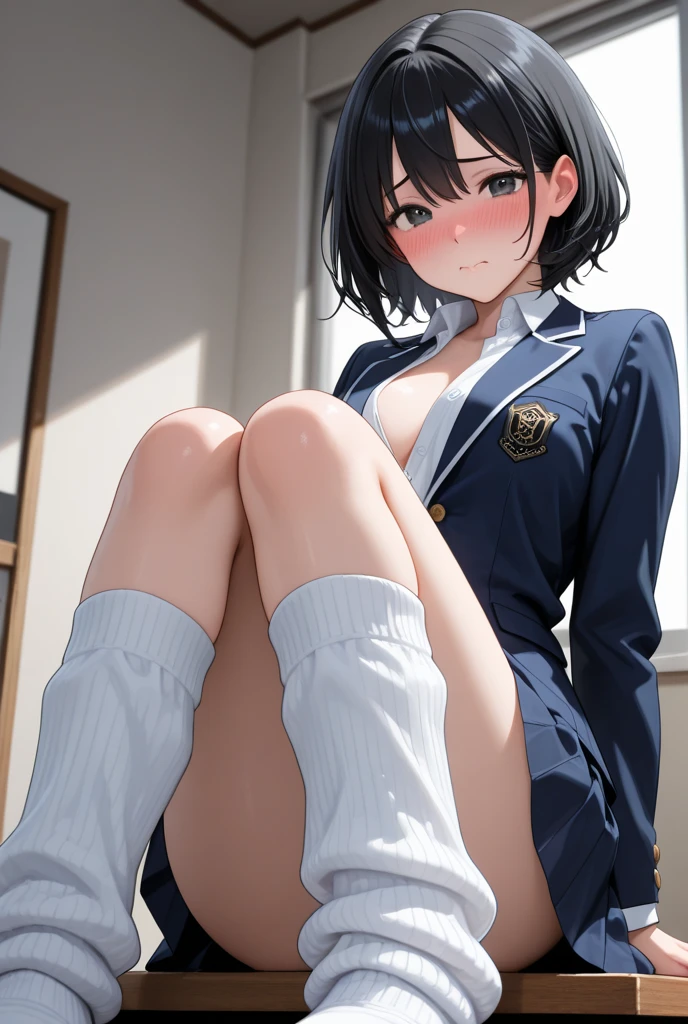 (8k, RAW Photos, 最high quality, masterpiece:1.2), high qualityのRAWカラー写真, Professional photo shoot, Cinematic Light, alone, (((young woman, Gal))), (Sharp features), (Small face), (Skin with attention to detail:1.2), clavicle, Cute Face, Beautiful appearance, Long eyelashes,Girl Turning Around, smile, (Black Hair, Short Bob Hair、Heavy bangs), high school student, Red tie, High School Uniform:1.2, Black jacket, Open jacket, Jacket cuff buttons, White shirt, Check skirt, Bedroom at night, Confident attitude, Capture the happy moment, Artistic painting,Attractive thighs, loose socks:1.2, sneakers:1.2, (A very fine touch:1.2), (はにかんだsmile), Peaceful atmosphere, Oil painting style, Bright colors, (Full body portrait), Smooth texture, Gazing Eyes, Beautiful Skin, Glowing Skin, ((Perfect Fingers, Five Fingers, Anatomically correct)), Background Blur, high quality, Surreal, ((Very detailed, photo shoot)),(Skirt Lift、I can see her pussy),,Big Breasts、Black bra、mysterious