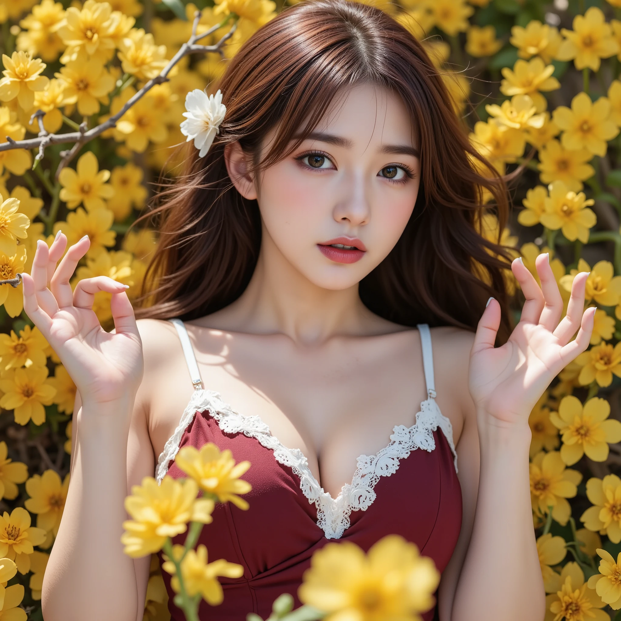 ((masutepiece))、Pitch black room、(Facing the front)、Your face and upper body will fill the entire screen....、Enlarge photo、beautiful female model, ( hight resolution, ultra-detailliert), Backlighting, Bare shoulders, 28 year old、Model Woman, Black background,white  hair,length hair、Red dress、Narrow chest、small tits、 upper dynamic angle,  Smirking expression, light Particle、Close to the camera、 Off shoulder dress, black rose petals,(Looking at the camera)、(Light reflected in the eyes)
