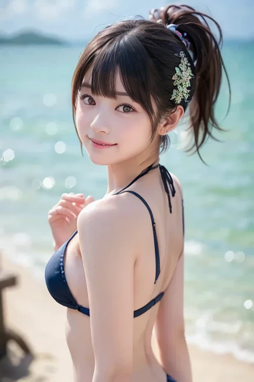 Tabletop, (highest quality), 23 years old,Very detailed, finely, (High resolution), (8k), ((Perfect rear view composition)), Natural color lip,(ponytail:1.3),((A girl sits with her legs spread apart on a rock)),(sitting barefoot on the sand:1.3),((Rainbow ColorUltra-thin T-back bikini)),((Ultra-thin T-back bikini)),((whole body:1.3),,((shrapnel:1.3)),((Perfect rear view:1.3)),((The magnificent Milky Way floating in the night sky)),((Pose with your arms raised above your head)),(Please look back and smile),((Thigh F-band)),((Big Ass)),((Ample breasts)),(Ample breasts),(Small Pareo),