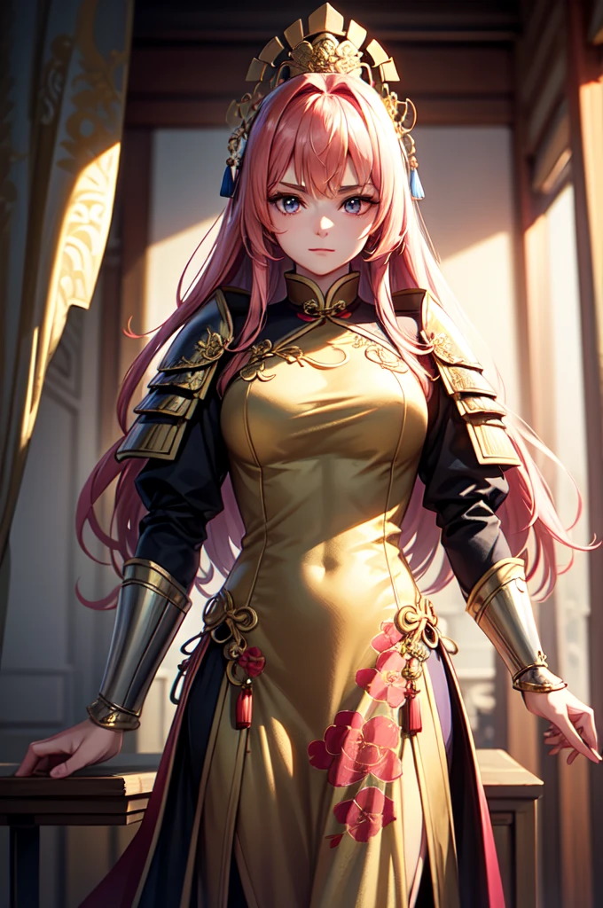 Armored1People Women, Wearing light armor, Black Hanfu, Tight waist, Straight Hair, hair over eyes, sad, absurdly long hair, bright pink hair, empty eyes, An old Chinese castle in the background, five fingers, hands on chest, anime, cinematic lighting, cowboy shot, UHD, retina, masterpiece, accurate, anatomically correct, textured skin, super detail, high details, high quality, award winning, best quality, highres