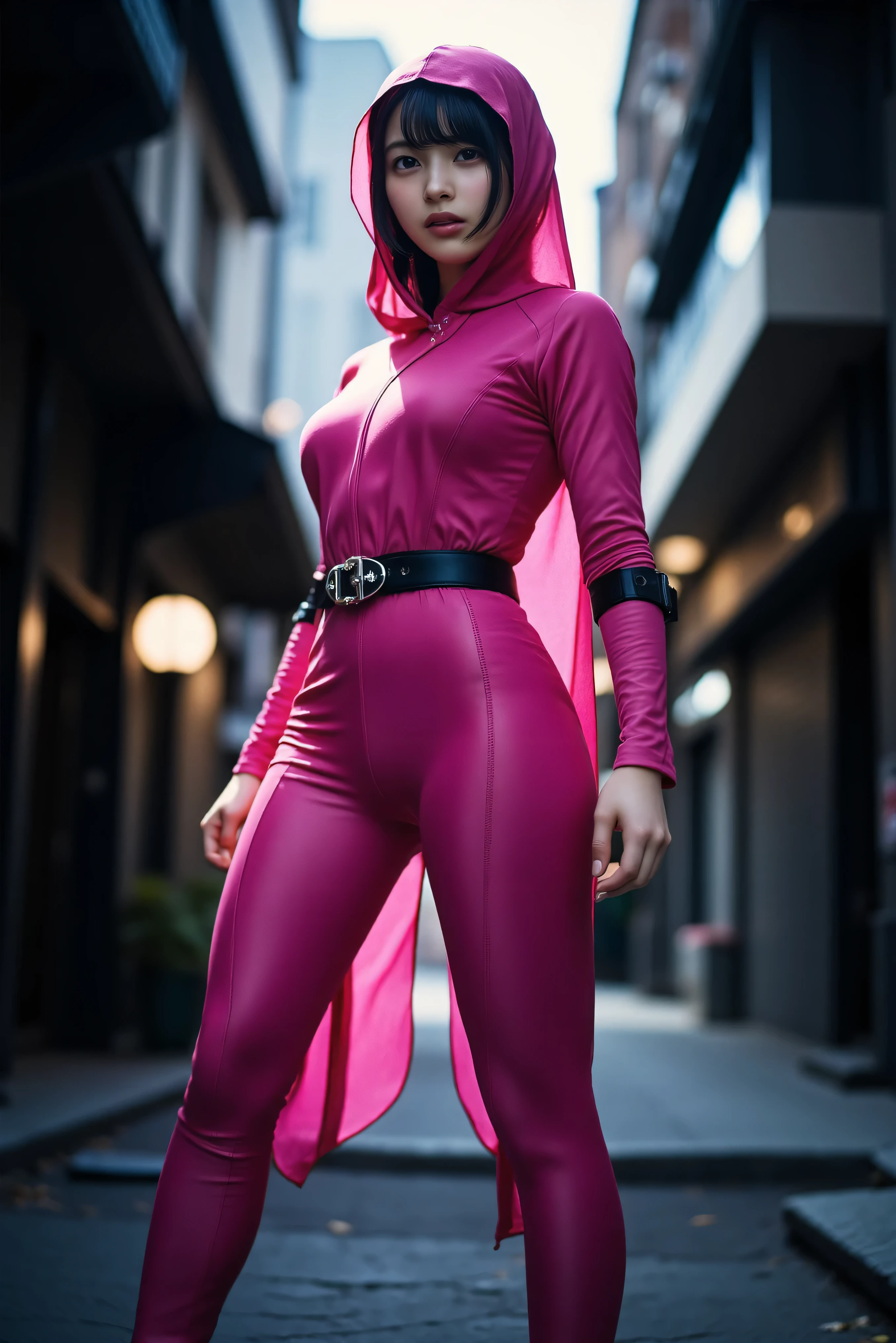 (Best Quality, Masterpiece: 1.1), (Fidelity: 1.4), 1 girl, Full body, long blonde hair dyed half red, voluminous hair, loose red jacket, purple tight spats, purple long gloves, big breasts, cleavage, Caucasian woman, tanned body, short cloak, red shorts, quite a lot of eyeshadow, purple lips, quite a lot of eyeliner, makeup,