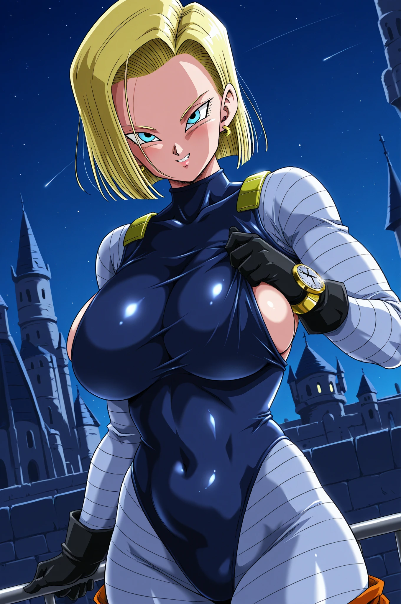 1 girl ,Saiyan, white hair combed back, green eyes,slim, thin waist, wide hips, brown skin color, medium breasts, blue saiyan armor. omni-man(invencible), the saiyan girl is giving a blowjob to omni-man's dick