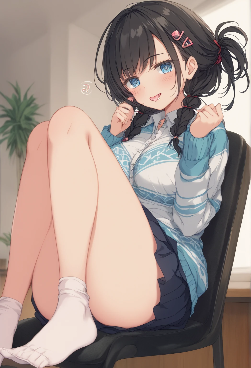 Masterpiece, best quality, school uniform, Tazune Rirei, ((blush)), (embarrassed), black hair, white shirt, school classroom, window, sky, day, perfect lighting, dynamic angle, no panties, twin braid hair, bottomless, navel, , completely nude, nsfw, spread legs, pussy, (lying on back), feeling good, wet pussy, open mouth, orgasm, cum in pussy,