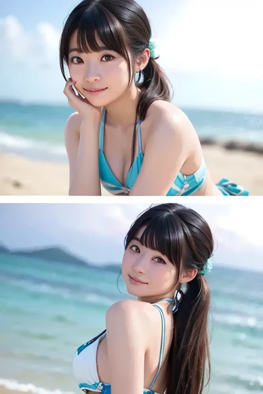 ((Highest quality、8K、masterpiece:1.3))、One Girl、The beauty of slim abs:1.3、(Hairstyle Brown Hair Short Cut、Huge boobs)、Swimwear:1.1、Super detailed face、Delicate eyes、double eyelid、Laughter、Beach、RAW Photos