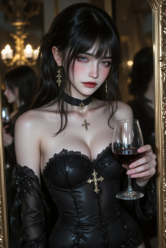 Older woman dressed in black period dress with a crown on her head and flowers in her hands, long hair and a glass of champagne