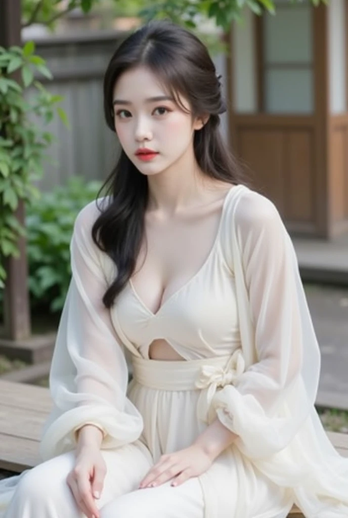 (Best quality, Masterpiece,16k), 1girll, Korean girl,18yr old,Absolutely beautiful, Amazing, In the park,Under the peach blossoms,Noble,perfect bodies, Perfect face shape,Charming eyes,Bright big eyes,二重まぶた,Long eyelashes,sensual lip,White skin,The gauze skirt flew up,Very real,goodlooking,Ethereal beauty