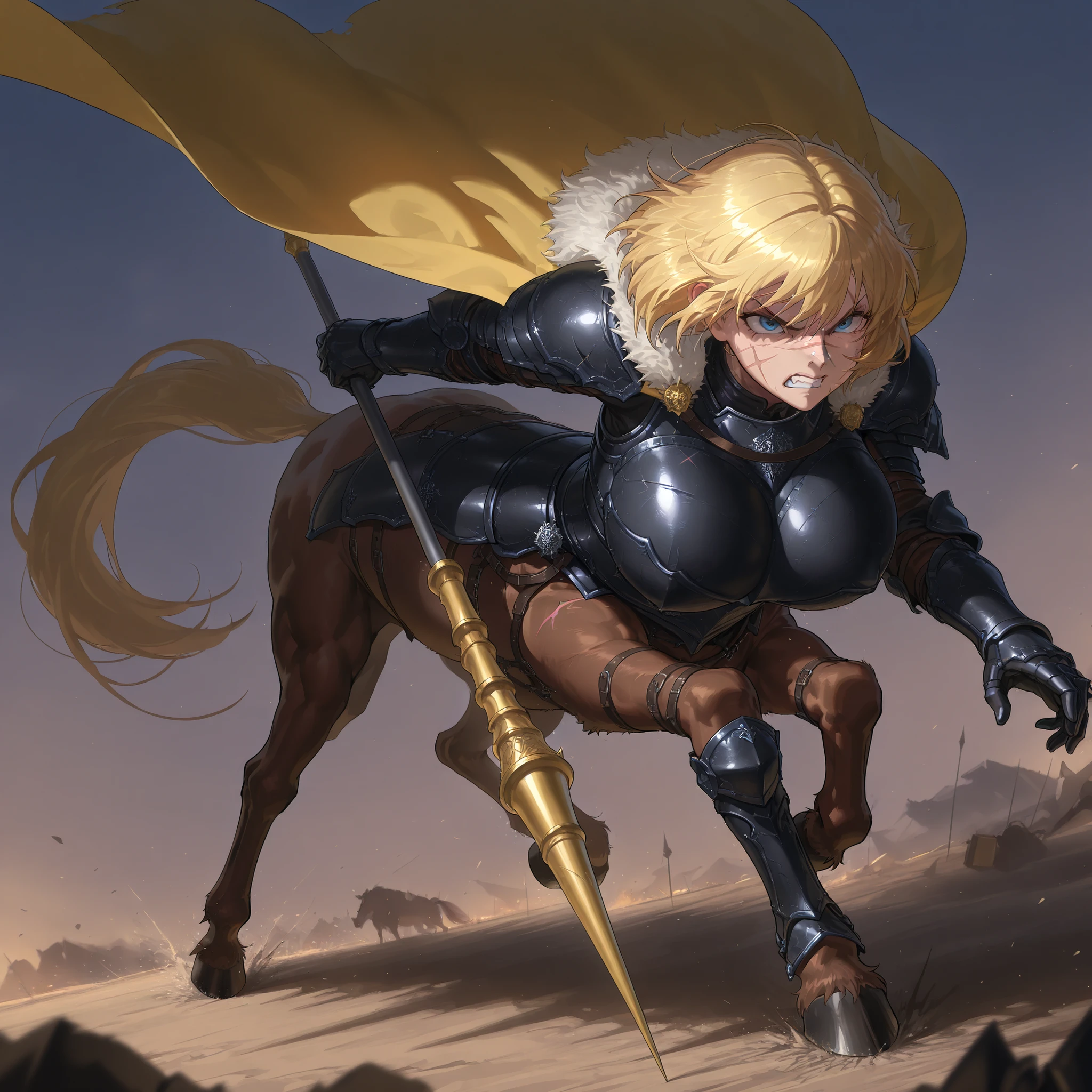 masterpiece, best quality, ultra-detailed, best illustration, solo, full body, 1girl, milf, centaur, draft horse, huge centaur, bob cut hair, chin-length hair, bangs, blonde hair, blue eyes, scars on the nose, scar face, freckle, huge breasts, black armor, fur trim, yellow cape, brave, angry, boss, intimidating, threatening, epic, legendary knight, lance, lance in hands, score_9, score_8_up, score_7_up, score_6_up