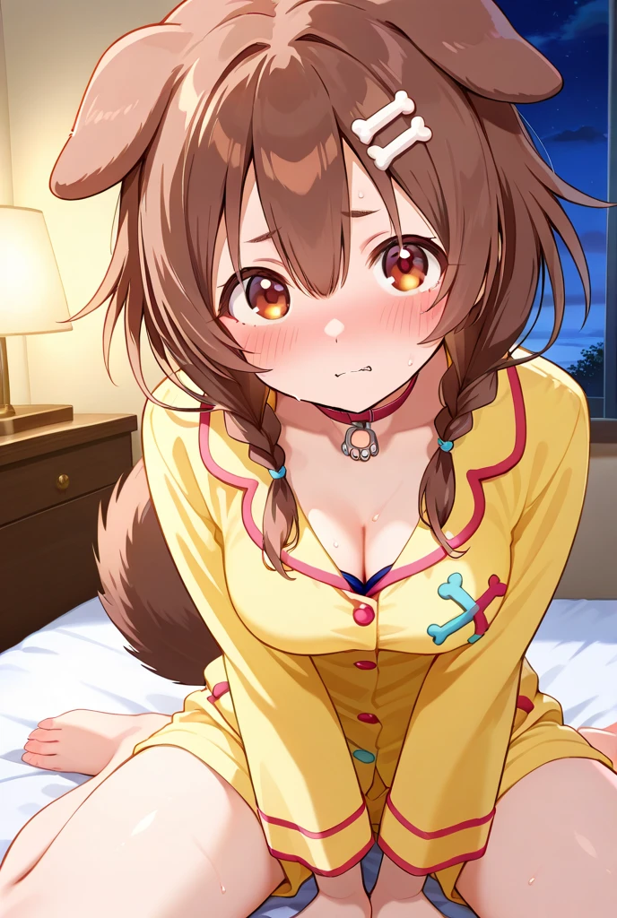 super detailed, High resolution, Very detailed CG, anime picture,(masterpiece, highest quality:1.4),1 girl, brown hair, horse ears,horse tail, twin tails, (hair ribbon:1.4), hair ribbon, brown eyes, Completely naked,modest chest,nipple,Pussy, sitting,open your legs,spread pussy,