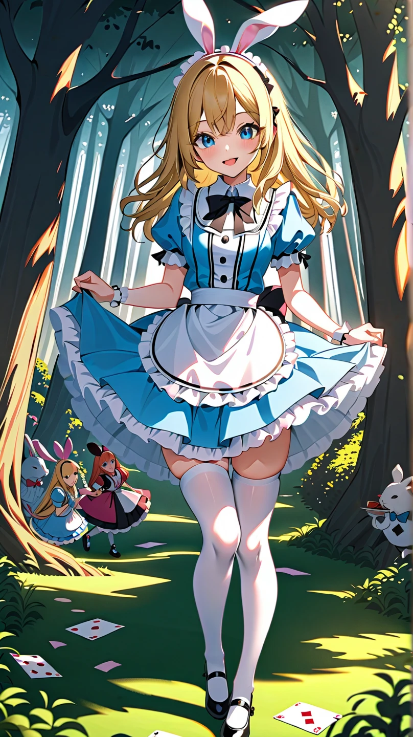 a beautiful 20 year old blonde woman with big messy hair in a blue dress, white stockings, black headband, cleavage, bending over to grab a glowing mushroom off the grassy forest floor, below shot, fantasy art style, rossdraws cartoon vibrant, alice in wonderland cyberpunk, cute detailed digital art, colorfull digital fantasy art, digital fantasy art ), glossy digital painting, rossdraws pastel vibrant, rossdraws 2. 5, rossdraws 1. 0