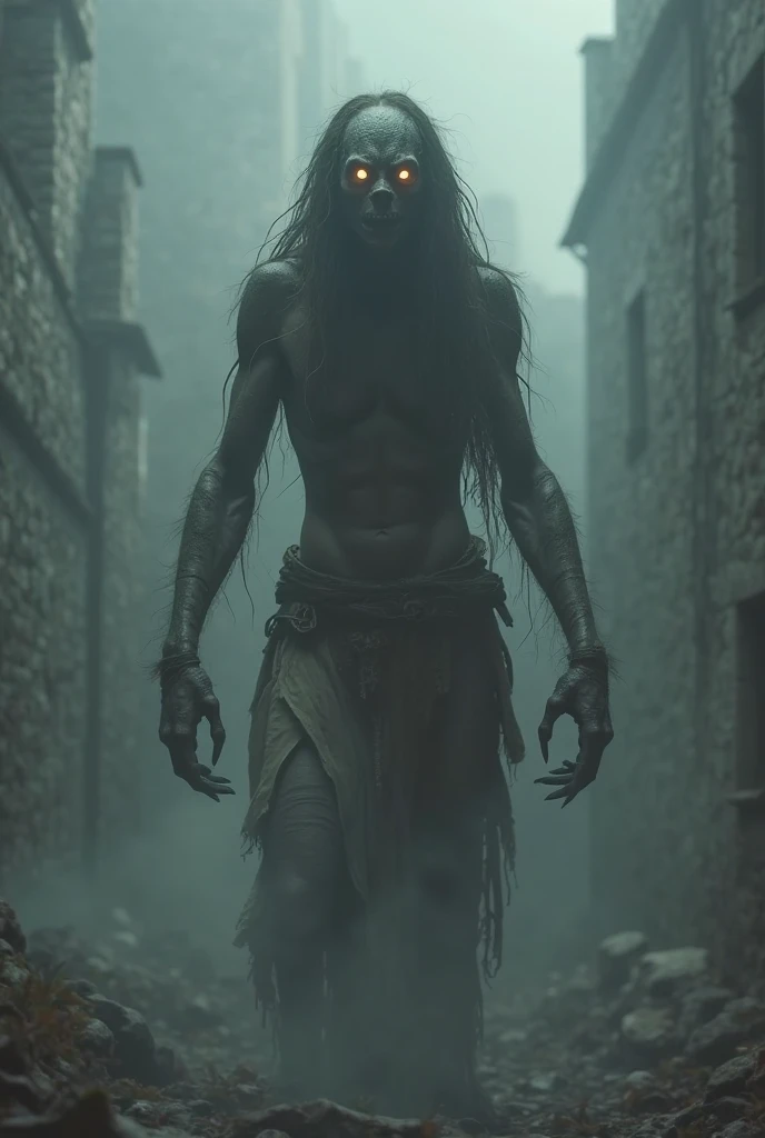ghoul,ranger,outlander,white eyes,baldness in the middle of the head,pale blue skin,dark lips,fullbody scar,long arm,arch back,medieval