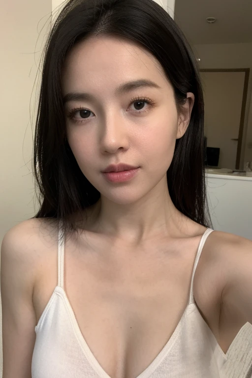 highest quality,masterpiece,Ultra-high resolution,(Realistic:1.4),Beautiful lighting, (Highly detailed CG Unity 8k wallpaper), Beautiful face in every detail,Detailed clothing, 50mm portrait photography, One Girl,Big black eyes, cute, young, Pause, Facial Lighting, Physically Based Rendering,Written boundary depth , Black Hair,Medium Hair,(Serious face), ((Take from above)), Japanese women、20-year-old、Pink Bra、(Big Breasts),Hotel Rooms、Young and beautiful woman taking a selfie, Taken with iPhone camera,