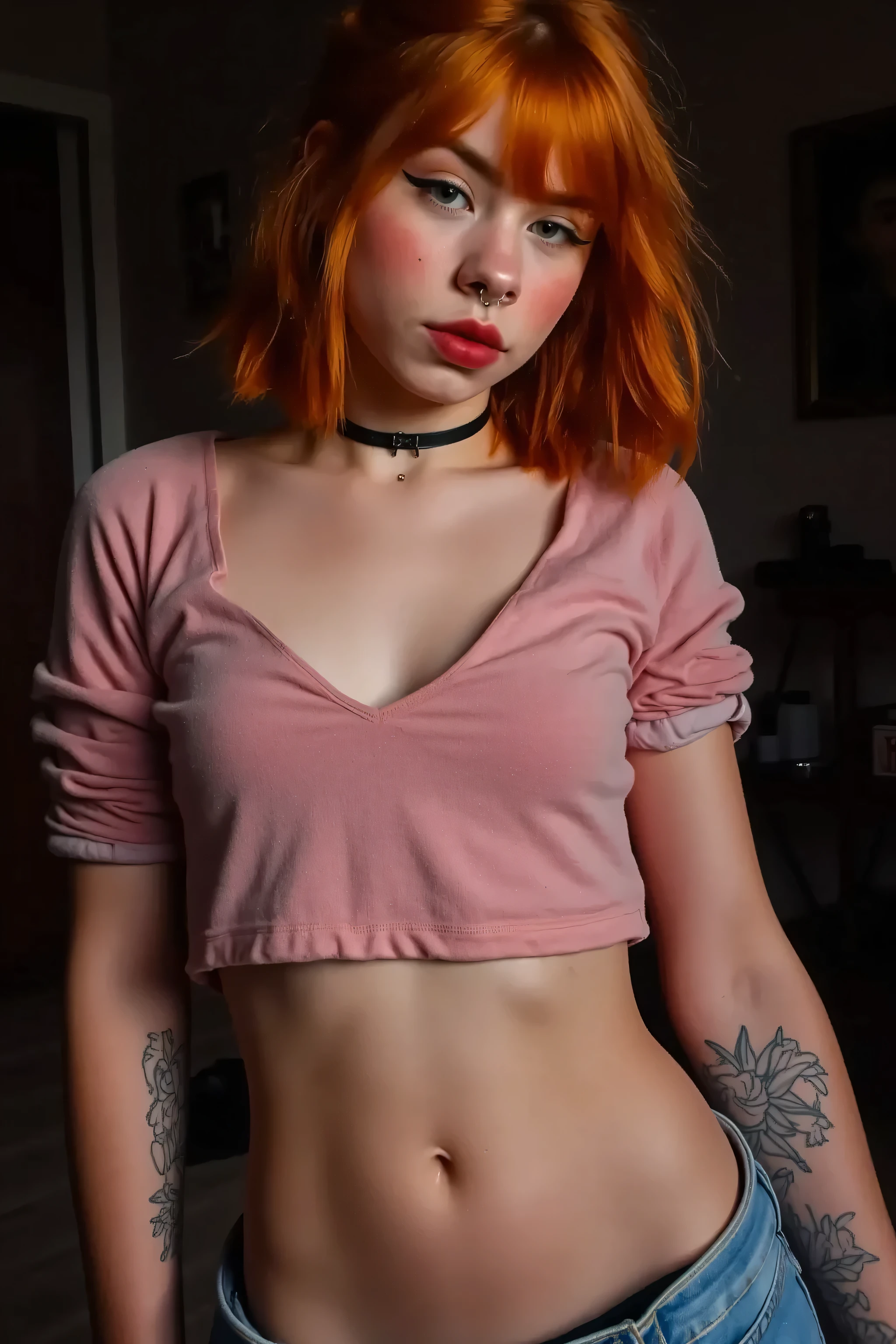 the most beautiful 18 year old tattoed emo redhead woman in the world naked. ultra realistic face, full body picture, with a little smile