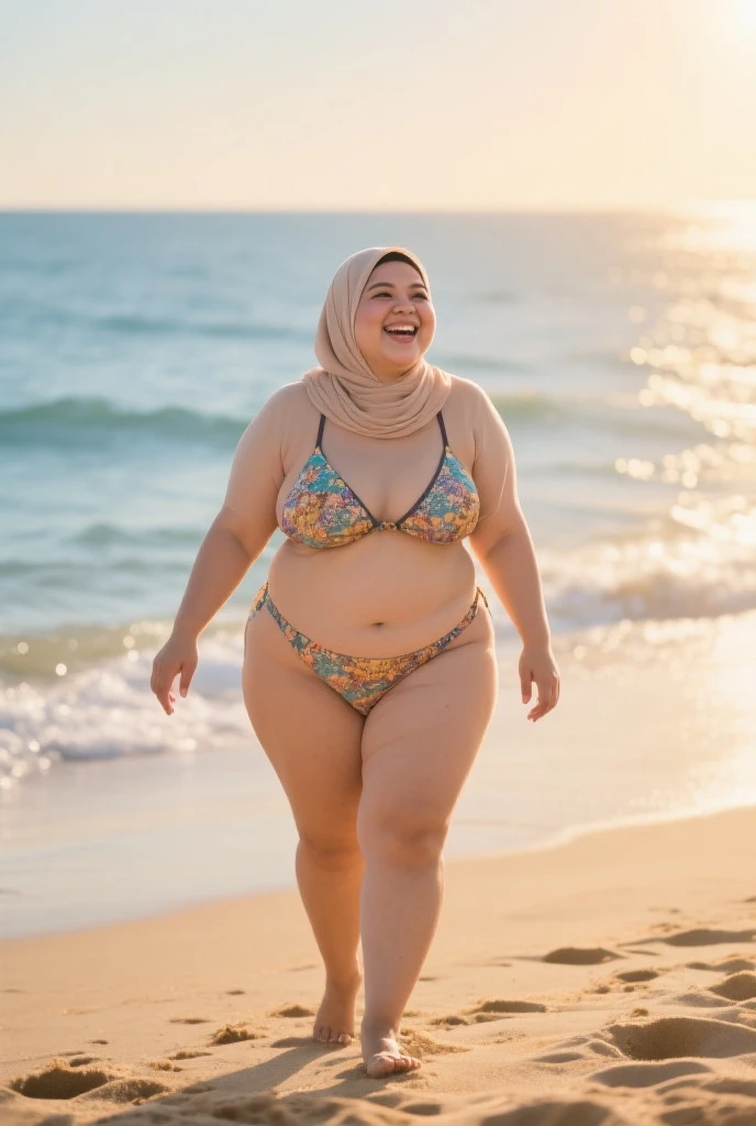 A Plus Size Arabic model on a sunny beach, wearing a stylish bikini paired with a beautifully wrapped hijab. The scene captures the contrast between the traditional and modern, with the model confidently posing by the shoreline, waves gently crashing in the background. The bright blue sky and soft sand add to the serene atmosphere. The model's expression is confident and serene, reflecting a blend of cultural heritage and contemporary fashion in a unique beach setting