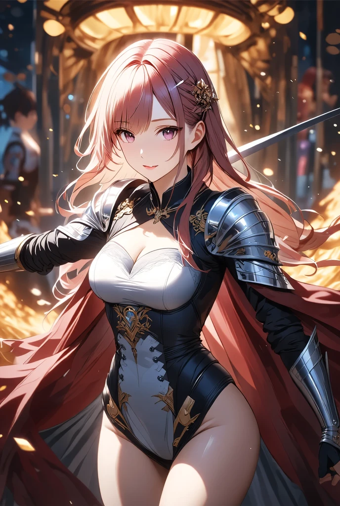 (masterpiece), best quality, fantasy art, 1girl, a girl in metal armor holding sword, ((sword of flame)), ((close-up of sword)), (huge sword), PlantedSword,(holding sword). pink_dress, white_armor,cropped shoulders armor, plate armor, armor dress,gauntlets, red hair, long hair, tiara,cleavage, thighs, thighhighs,glaring, weapeon, (sword:1.3),PlantedSword, full moon
