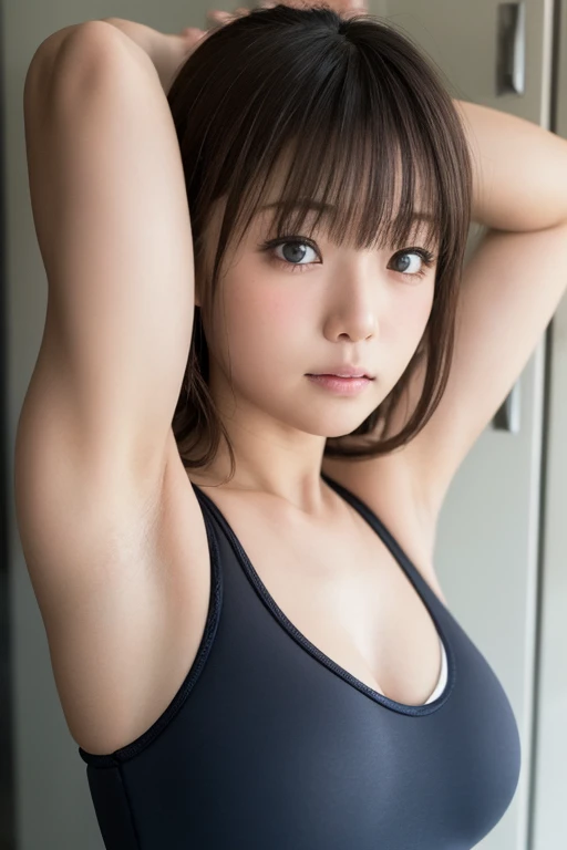 (Realistic:1.3、Ultra HD、Ultra-high resolution、8K、Japanese office lady、At work、In front of the wall)、Attention in the armpits、((Look Viewer:1.8))、(Extremely realistic skin texture:1.4)、(Realistic:1.3)、short hair、((Embarrassed expression:1.5))、40-year-old woman、Ponytail Hairstyles、(Lift one arm and show your armpit:1.3)、(Brown eyes:1.3)、(Face close-up:1.3)、(Sweaty:1.2)、(Nipplesを見せる)、((衣服から突き出たNipples,))、camisole、美しいNipples、Nipples、(Shooting from the side:1.25)