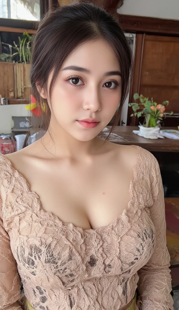 A very charming 20-year-old woman with long, wavy black hair. She has normal but perfectly symmetrical eyebrows, a symmetrical nose that is neither too big nor too small, and dark brown eyes with well-applied mascara and symmetrical eyeliner. Her mouth is perfect with lips that are neither too big nor too small. She is wearing a very tight black top with a deep neckline that shows her large bust. Only the upper part of her body is visible as she is sitting on a chair in an Asian restaurant. The point of view is as if we are sitting in front of her. Her head is in profile, but her face is visible. She has beautiful hands with oval nails painted in a deep black, matching her top. She is holding chopsticks with a piece of sushi between them, her mouth wide open, and her tongue out, wet with saliva, as she is about to eat the sushi. The restaurant behind her is empty but you can see the tables and the decor.