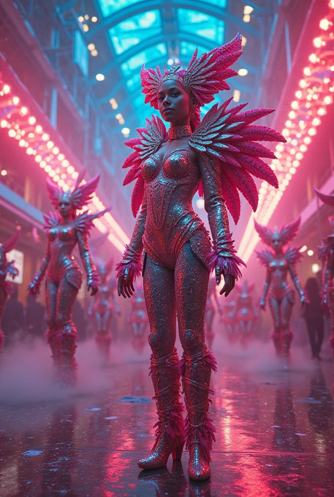 A girl dressed as a courtesan, teenager, one person, full body, cyberpunk, red eyes, glowing eyes, neon street, courtesan procession