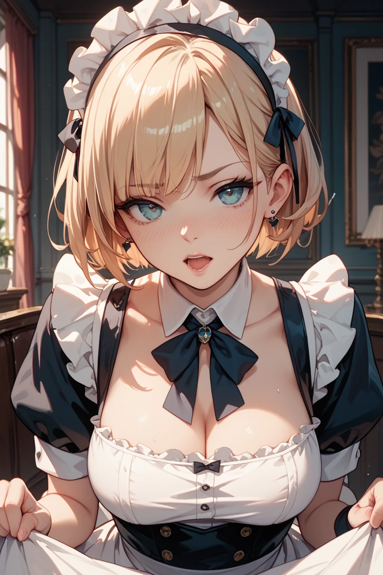 (Masterpiece: 1.2), (Best quality: 1.2), Perfect eyes, Perfect face, Perfect lighting, Mountain horizon, Beautiful girl like a boy, Blonde hair, Upper body, Cleavage, Red eyes, (((((One eye) hair)) )))), braids, side ponytail, blunt bangs, bob hair, ahoge, cute eyes, best bust, ((from bottom)), graphic description, orgasm, scary, ahegao, smile +Happy, Teeth, Angry, From the Side, Bewitching, Gothic Maid, Sitting, Arms Crossed, (Looking Up: 1.3),