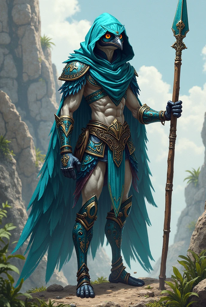 Grass, Sky, Field, League of Legends, 1girl, elf, druid, animal ears, bandage legs, long legs, bandage, bandage, bird legs, bird skull, cape, shut up, ears by headdress, eyes visible through hair, face drawings, feathers, hood, hooded cape, long hair, brown green eyes, Ginger, red hair, colorite hair, armor, blue scarf, scarf, scarf, scarf long hair, hooded scarf, green clothes, green skirt, long skirt, leather armor, nose ring, nostrils, backpack