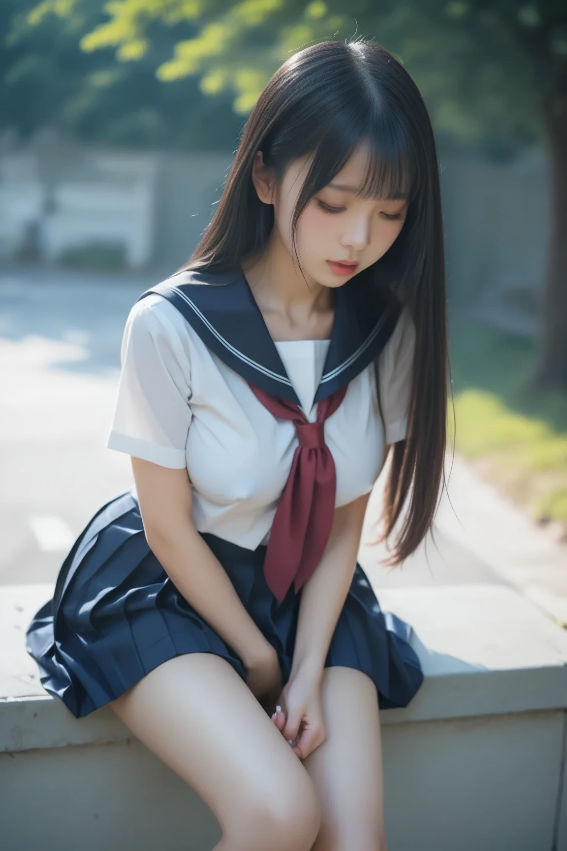 ( very detailed depiction, clear depiction, masterpiece, high resolution, high degree of perfection, perfect anatomy), 1 girl, cute face, smile, detailed face, slender body, beautiful legs, semi-long hair,( red eyes, sparkling eyes), beautiful nose, ( high school girl uniform, No panties),(spread regs:1.4), outdoors, ( spread vagina,brow job:1.2),