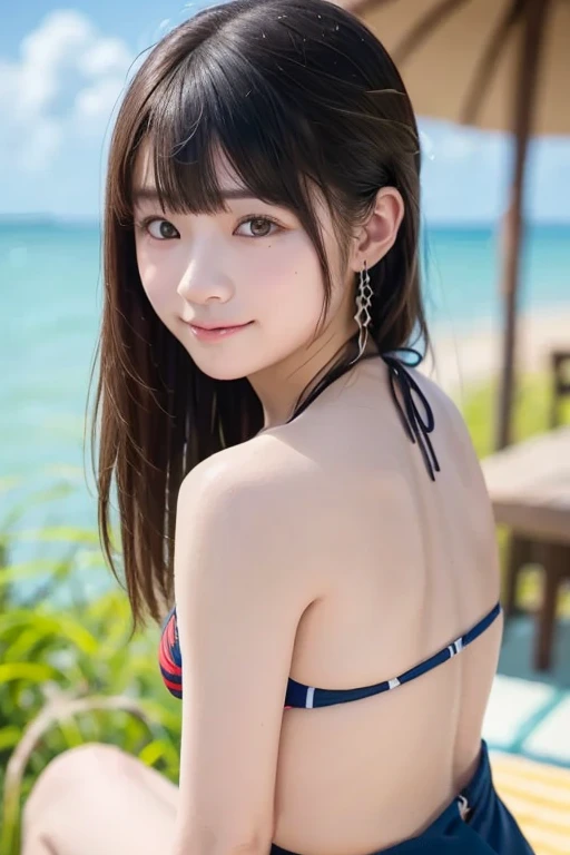 (AKB 48)), ((lens flare))), (((constricted waist))), (Mekosuji visible)))), ((palm tree in background)),((smiling)),(NIKON Z)),(19 years old),(C cup bust)))), (black colorful swimsuit))))), (slight rough skin))))), (pore feeling))))), (skin feeling))((( Photorealism: 6, Realistic))), (((Earrings)), Girl in a light fabric lingerie set, perfect breast shape, bare buttocks, side ponytail, braid, pale skin, (((puffy eyes)), looking at the viewer, freckles, small waist, wide thighs, thigh gap, beach, coastline, wind, wave, 8K UHD, DSLR, soft lighting, high quality(Photorealistic: 1.4),