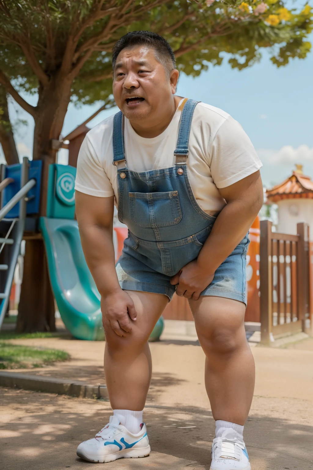 A Japanese chubby construction worker male is 40 years old, He has his penis exposed, His penis is small, hairy public hair, kneeling in front of an another male, A Japanese chubby construction worker male is giving a blowjob to the male:2, detailed mouth, He is looking at viewer and scowling, medium geeky hair, natural nerdy hair, feel aroused, fucked silly, sexual ecstasy, Orgasm look, erotic humiliation, round face:2, droopy eyes, thick thighs, wearing Construction Worker Uniform, In a dark subway station at night, Super detail, Anatomically correct, this image was taken with a medium telephoto lens, dark warehouse at night,