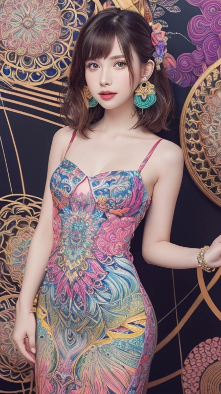 (masterpiece, highest quality, highest quality, Official Art, beautifully、aesthetic:1.2), (One girl:1.3), Very detailed,(Fractal Art:1.2),colorful,Best details,(Zentangle:1.2), (Dynamic pose), (Abstract background:1.5), (Trident Dress:1.2), (Shiny skin), (Colorful:1.4), Upper Body