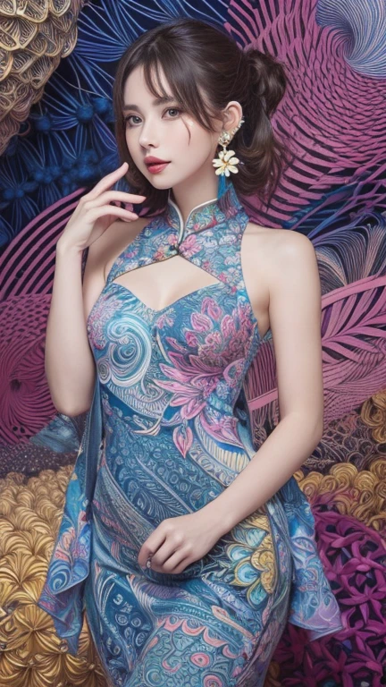 Sublime geisha rousse portant une sublime Cheongsam dress très détaillé en dentelle fractal, dentelles fractales Sexy, Costume Lolita, Lingerie Babydoll Costume, Joli Style Chinois Cosplay, Chemise de nuit sexy pour femme avec col montant imprimé creux et fente latérale et dos nu, jupe droite fendue très haut, sublime longues jambes, éclairage romantique et sensuel, sublime poitrine effet push-up , ((proportions parfaites, masterpiece, hyperRéaliste, masterpiece, superior quality, high resolution, Extremely detailed, highly detailed 8K wallpaper, détails fractales, pieds nus, bioluminescent skin))