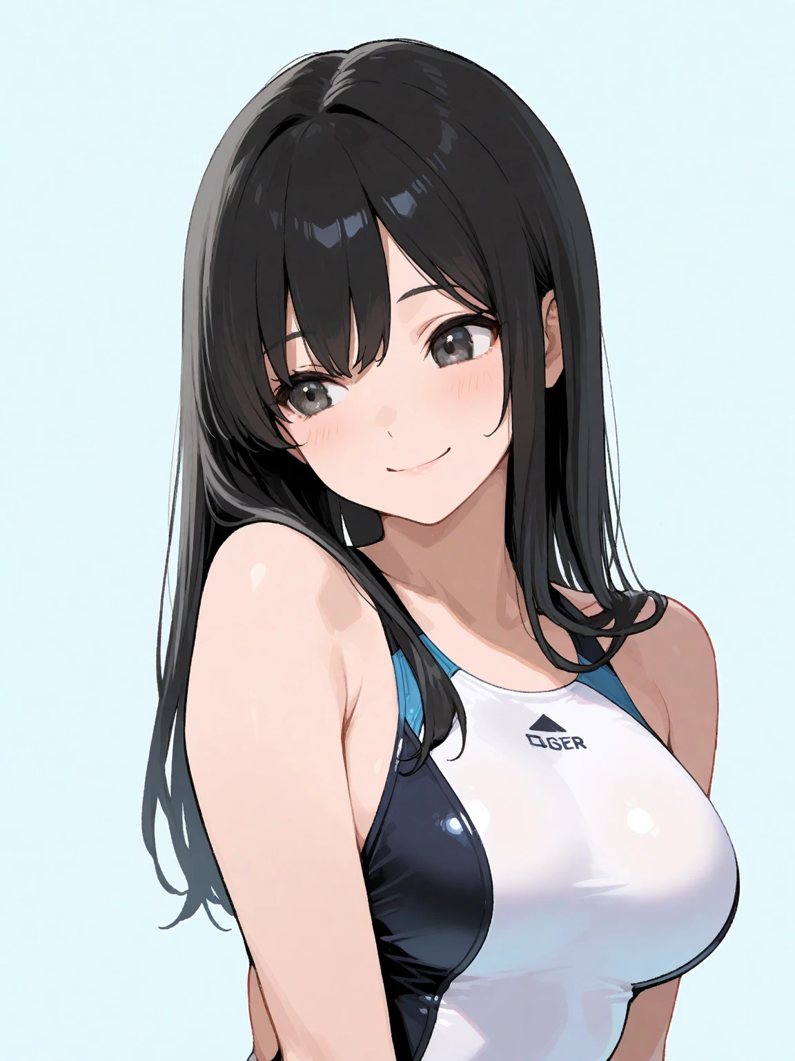 (finely best quality illustration:1.2), (kawaii girl:1.0), (1girl, solo:1.0), (black hair, ponytail:1.0), (swimsuit:1.0), (upper body:0.6), (smile:1.1), (ultra-detailed, highres, 4k:1.0),