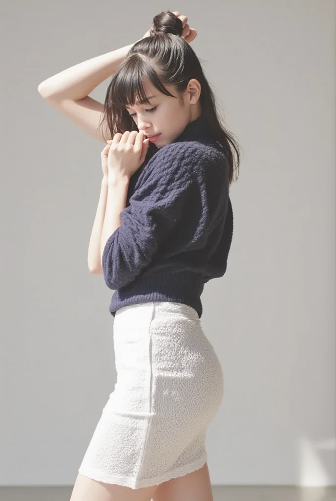 Female, 20 years old, short black wavy hair、bangss、Puffy nipple、White Turtleneck Knit、Black long skirt, Black stockings、Medium milk, cute smile face、(Poses that emphasize the buttocks、turned around)、sexy hips、Black High Heels、Big necklace、(((Skirt flipping in the wind、I can see all my panties、)))、(Pink lace panties)、Cute earrings、(Tilt your head slightly)