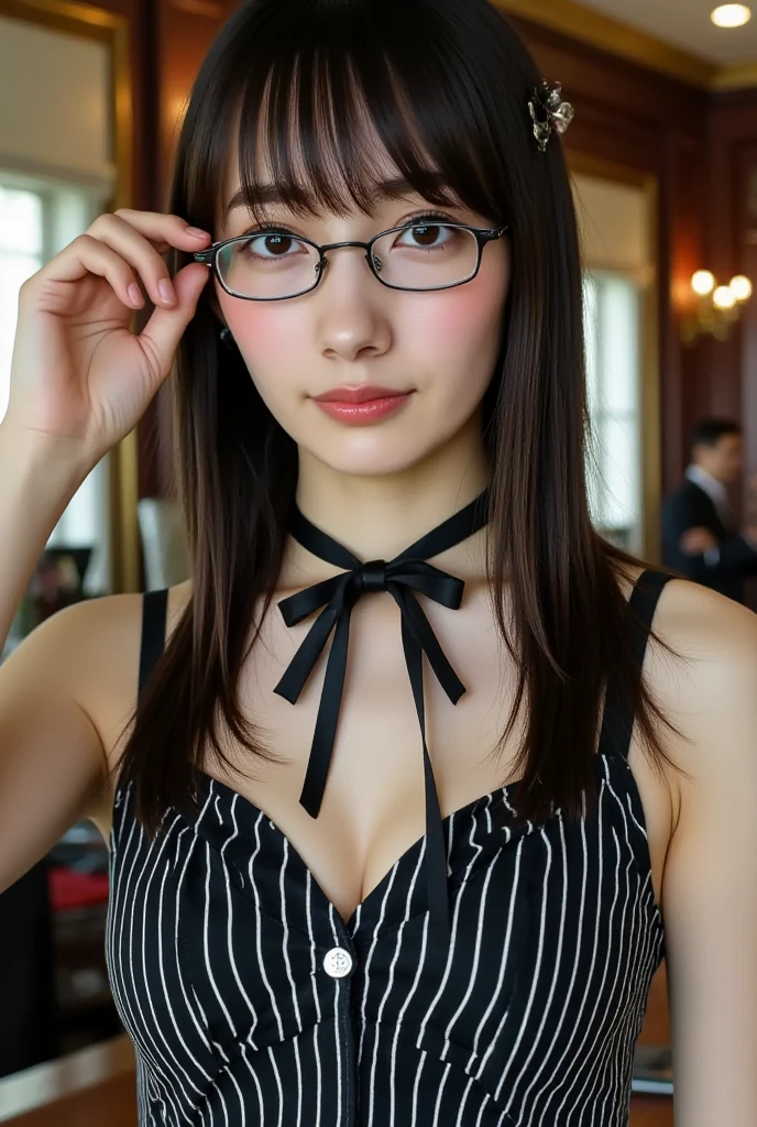 、Looking at the audience、(Highest quality、masterpiece)))、High resolution、Very detailed、masterpiece、Light、(8K、Highest quality、masterpiece:1.2)、(Realistic、Realistic:1.37) High resolution、Super detailed、Woman wearing glasses、Round glasses with thin frames、Light colored eyeglass frames、Asian, cute, cute顔, alone, short hair1.2, Textured skin, , 詳細なnight景, Light, Written boundary depth, レンズフレアLight、smile、Small breasts、Beautiful and detailed eyes、、night、(short hair:1.2)、Floating Hair Nova Frog Style、Leaning forward,Cleavage,playboy bunny,rabbit ears, black rabbit ears, fake rabbit ears, pantyhose, black pantyhose,bowtie, wrist cuffs, black leotard, pub, pub counter, drink, retro pub, pubstools