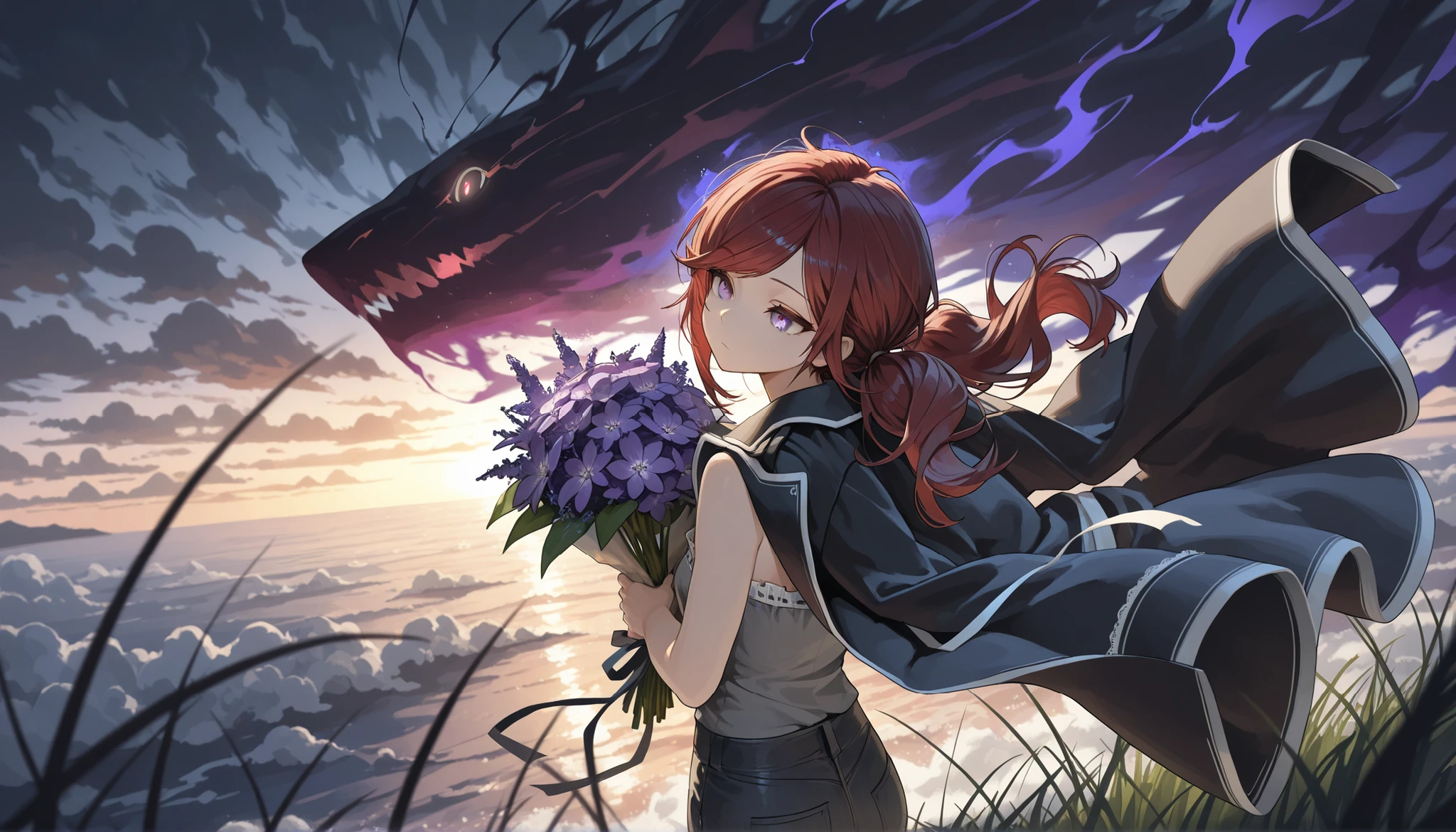 (masterpiece:1.2, Best Quality), (finely detailed beautiful eye: 1.2), (beautiful detailed face), (masterpiece:1.2, Best Quality), (finely detailed beautiful eye: 1.2), (beautiful detailed face),from above, from behind, looking out to sea, storm clouds, dark aura, dark energy, bristly hair, glowing eyes, dark aura, shadowy aura, upper body, thin girl, holding bouquet of purple flowers, expressionless, :l, Gray eyes, lifeless eyes, head tilt, dark red hair, swept bangs, low twin tails, white ribbons, strapless sleeveless shirt, gray shirt, shirt with white trim, frill trim, black coat worn over shoulders, black jeans, black nails, thin thighs, thin legs, sea in distance, shimmering sea, tall grass, atop cliff, close up, messy hair, stoic, shadowy aura, dusk, few stars,