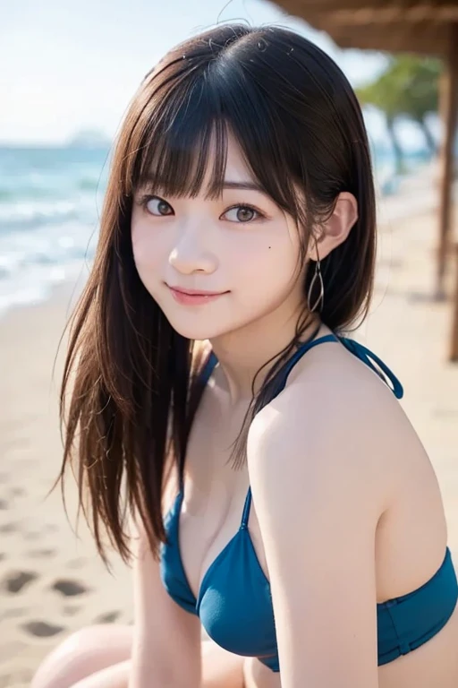 ((top-quality、Top image quality、超A high resolution))、((masterpiece))、18year old、独奏、Realistic young idol、((small tits、flat-chest: 1.4))、small tit、Happy smiling face、childlike 、Ultra-detailed and realistic skin、Background is beach and blue sky、Walking on the beach in summer、blue open sky、Pink Micro Bikini、Super detailed and beautiful face