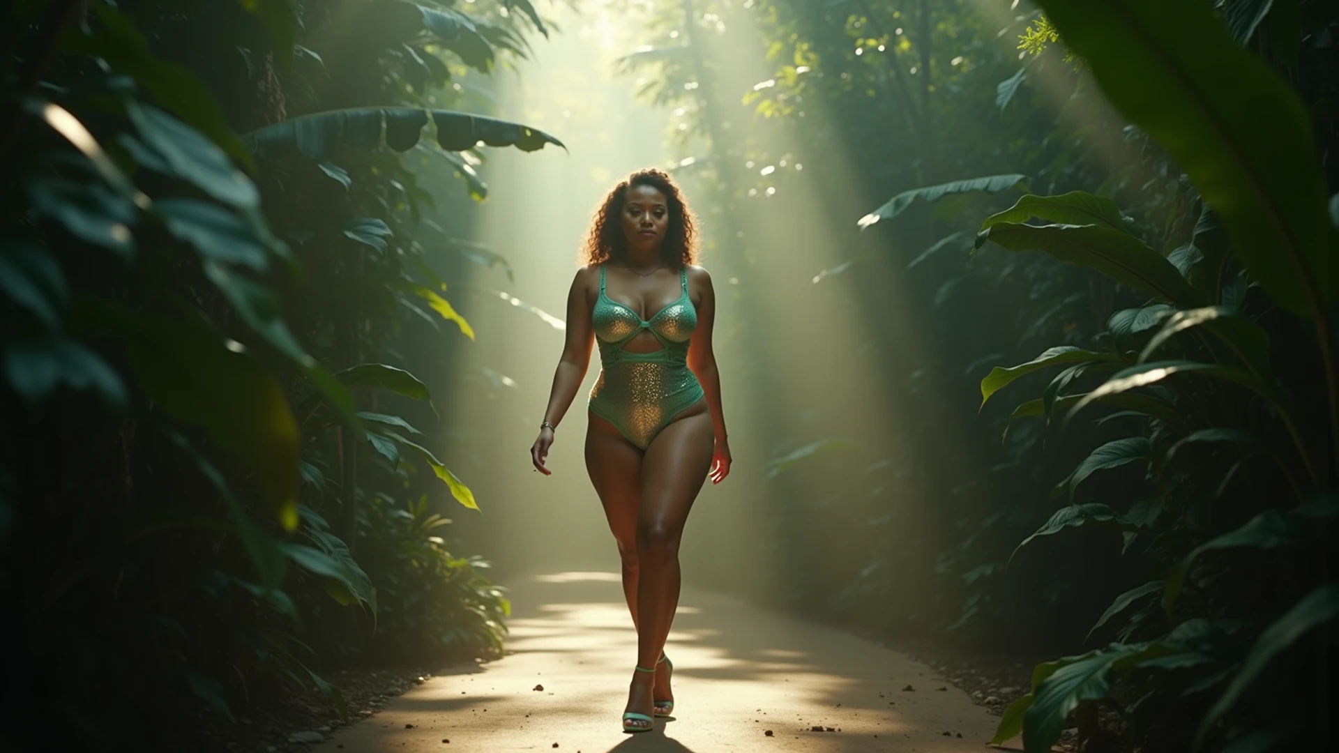 Shadow silluete of one big curved tall black woman standing on a clay road surrounded by a open forest in front of the sunlight after a rain with no clothes on and hair down photographed from low