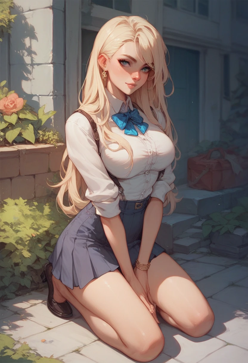official art, masterpiece, sharp focus, (beautiful gorgeous cute Korean woman:1.3), (beautiful cute korean:1.3), korean beauty, Delicate and beautiful hair and eyes and face, realistic, ultra detailed, beautiful girl, blue sky, glow white particle, (sidelighting:1.2), slender, Lovely, very huge breasts and wide hips, massive breasts, pink blush on breasts, holding breasts, panty under skirt, up skirt, uplifting skirt, ((shy and aroused)), looking at viewer, scenery, long straight hair, sexy facial expression, sitting on bench, one leg up, dynamic hair, long straight hair, detailed platinum blond hair, glow blue eyes, (grey pleated skirt+transparent unbuttoned shirt), pale skin, at school