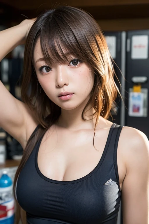 Gym Personal Trainer, Highest quality, shape, Very detailed, In detail, High resolution, 8k wallpaper, Perfect dynamic composition, Beautiful details, Natural Lip,, Gym Wear, Sweating in the cleavage, She is straddling me and giving me instruction..., A masterpiece of the whole body, Side Short