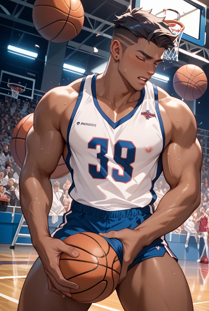 Male, Masculine, Hirsute, Red hair, European, flex, Pale skin, Sweat, basketball player, Hold a basketball, full bodyesbian, Barefoot, big feet, White socks, Playing basketball, Solo, 1 man, Jumps,wearing only his underwear, Naked, Topless