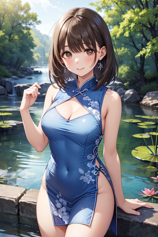 top-quality、Full limbs、complete fingers、((one beautiful women))、Beautiful busty woman、Shorthair woman、poneyTail、Woman with dark hair、((light blue cheongsam leotard:1.3))、Chinese pattern leotard、((Brown pantyhose:1.2))、A big smile、Chinatown streetscape、Sit on a bench with your legs open