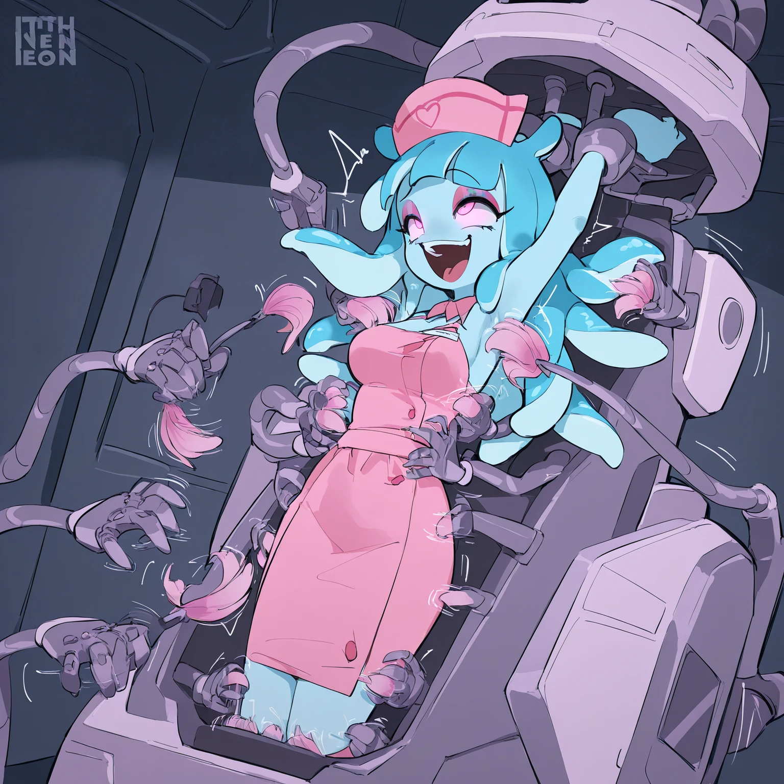 Futuristic show. woman, very tall girl, adult body, milf, alien babe, jelly neon blue skin, translucent, thicc, futuristic Cocktail dress uniform, spaceship setting, scifi waitress uniform, Beautiful face , long tentacle hair, sexy face, glowing eyes, In her late 30's. (Restrained inside the "automated tickling device"), bristled brushes touch her all over. She is inside a large machine. Eyeshadow, sultry eyes. restrained by metal straps and padding, arms restrained above her head, armpits shown, her body immobilized by straps and padding. (Tickled by mechanical hands), (robotic hands touch her body, tickling her feet) (Laughing in pleasure), tickled silly, automated tickling.