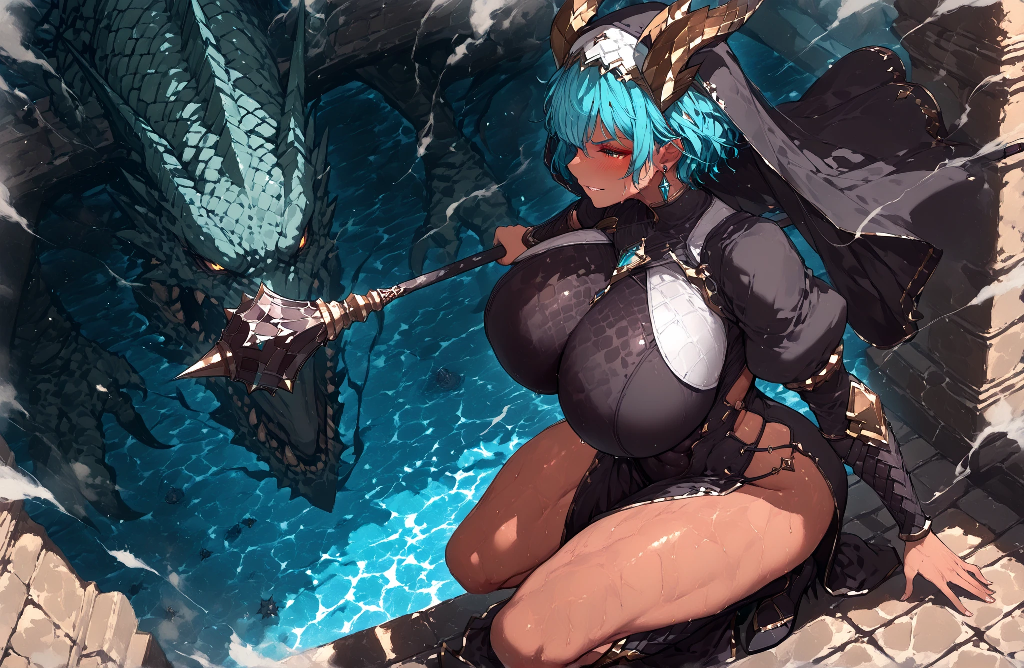 1 skinny girl, solo, light blue hair, (red and purple heterochromia), (red left eye and dark purple right eye:1.4), bending back, looking at viewer, BREAK, black plunging neckline short dress, dark yellow cropped jacket, black thighhighs, BREAK, (bouncing unaligned huge breasts:1.5), cleavage, very short torso, (inconceivably narrow waist), thin long legs, BREAK, holding a spear, BREAK, {nsfw:0.6}, (show off crotch:1.4), desert, desert storm, strong wind, rocks at background