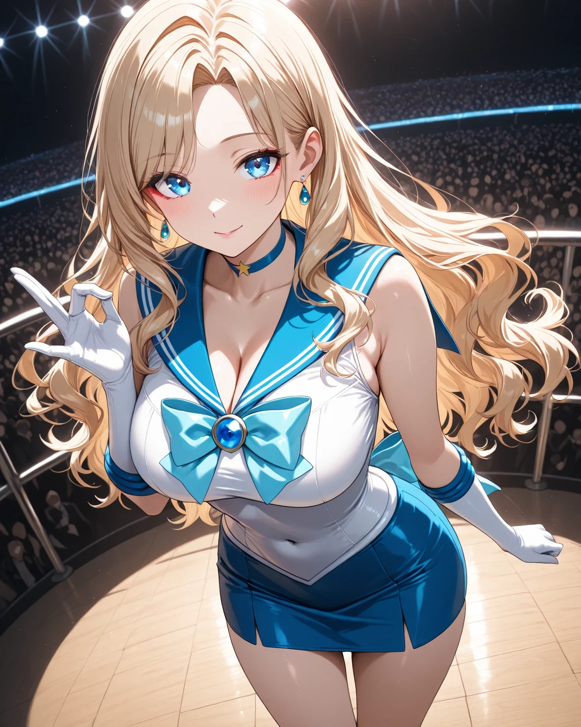 masterpiece, best quality, long hair, medium breast, cleavage, navel, slim legs, morgan fate blonde hair, stage, cheerleader, happy, short skirt, mature women