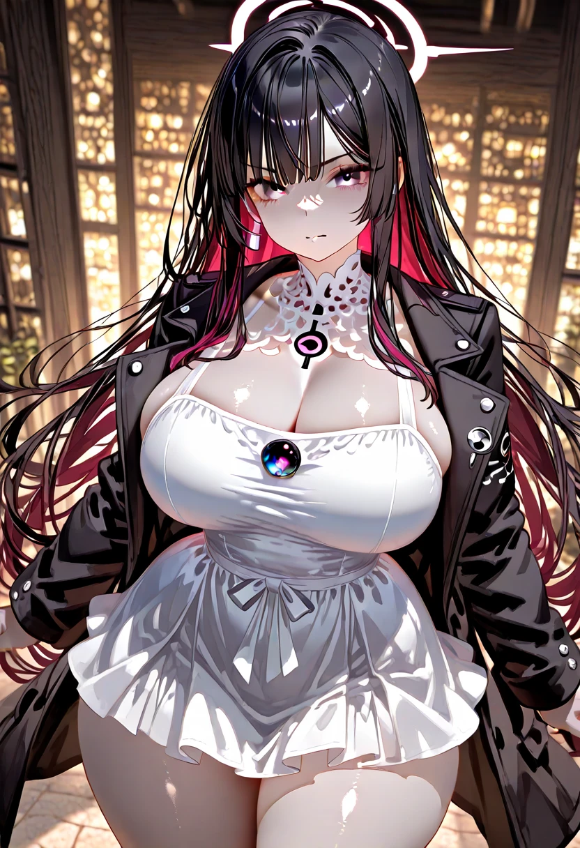 neko black woman, wearing a black queen dress with bows, She has black hair with long messy fuzzy pink bows, has dark red eyes, has a big breast, has neko ears and a neko tail.