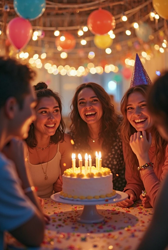 Create background image on the hotel one table up cake with candles age 21 add some female friends write happy birthday shehrbano with lights and a lot balloons black and yellow