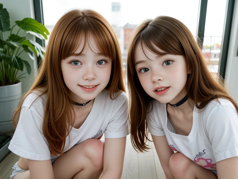 Bright Red in White, (Masterpiece 8K TopQuality:1.2) (ProfessionalPhoto:1.37) PUNIPUNI ExtremelyDetailed (((KAWAII girls in "Super Bitch" T-shirt:1.4))) from above